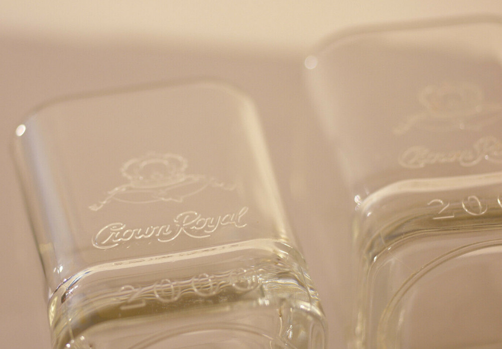 Crown Royal 2000: Pair of Bourbon Whiskey Glasses: Square: 3.5″ x 2.3″
