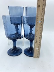VINTAGE Blue Paneled Water Goblet Stemmed LIBBEY Facet Textured Drinking Glass
