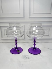 Pair Bohemia Crystal Czech Republic Amethyst Purple Stem Wine Goblets Glasses