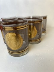 6-George Briard Rocks Glasses Roman Coin MCM Barware Old Fashioned Lowball, MINT