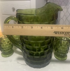 Vintage Indiana Whitehall Avocado Green Cubist Set Pitcher and 5 Glasses