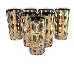 Vtg Culver Piza Skyball Highball Glasses Gold Crackle Set of (7) Tumbler 5.5″