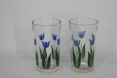 Tulip Time Blue Tumbler Glasses Set Of 2 Clear Floral Unmarked Decor Drinkware