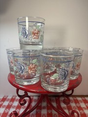 Vintage Anchor Hocking Rock Clear Glasses Set of Nine Pink-Blue Floral Appliqué