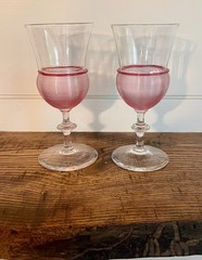 Steuben-Two Carder Era Colorless & Gold Ruby Threaded Optic Rib Goblets #6360