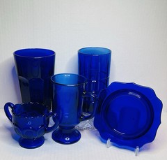 Cobalt Blue Glassware 5-Piece Lot – Anchor Hocking – Tumblers, Mug, Plate, Sugar