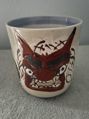 Vintage Japanese Oni Demon Yunomi Tea Cup Hand Painted Ceramic Asian