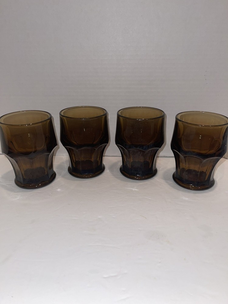 4 Vintage Viking Glass Arlington Brown 4 1/4” Glasses Tumblers Glasses HTF!