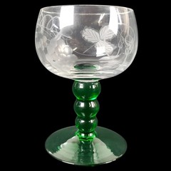 Austrian 4 oz Roemer Emerald Green 3 Bubble Stem Wine Glass Etched Grape 4.25″