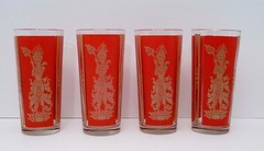 Boho Culver Glass 1960s Red Gold High Ball Set 4 Mid Century Thai Hindu Goddess