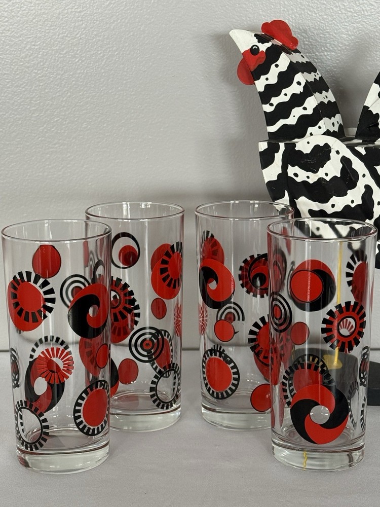 4 Vintage Italian Cerve MCM Red & Black Retro Glass Tumblers | Geometric Design