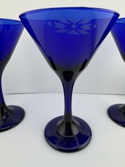 Libbey Cobalt Blue Southwest Design Stamped 6.5” Martini Glasses SET OF 3 UNIQUE