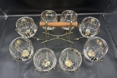 8 Federal Glass MCM Gold Black Harlequin Roly Poly Atomic Barware /caddy in BOX