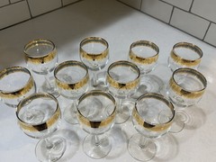 Set of 11 Vintage Wine Glasses Antique Gold & Turquoise Rimmed Barware – Crystal