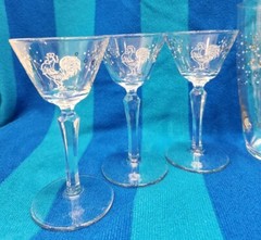MCM Libbey Glass Rooster CHANTICLEER 7 Pc Cocktail Martini Set Stemmed Barware