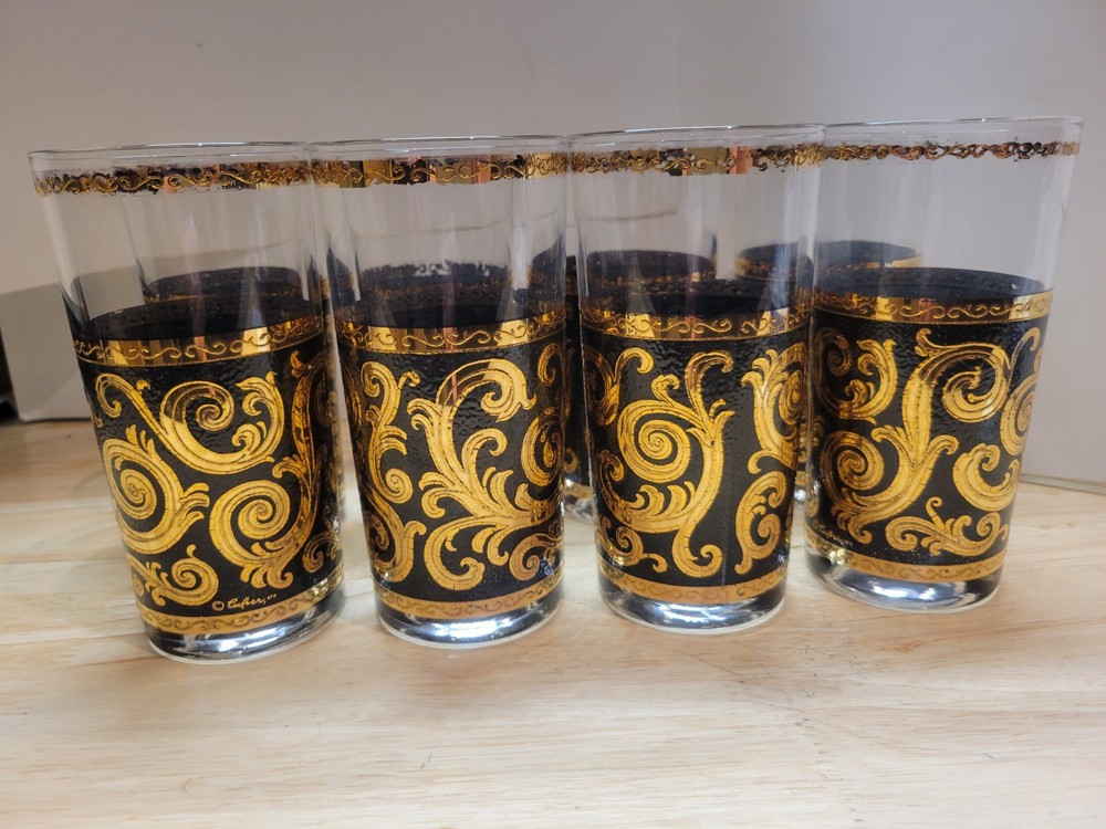 Culver Toledo 8x Black Gold MCM Highball Tumbler Glasses 12 oz