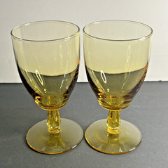 Vintage Amber Glass Wine Water Goblets Faceted Stem Set of 2 Mid-Century