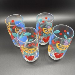 MCM Libbey FANCIFUL FRUIT Plum Cherry 6″ Tumblers / Glasses *SET of 4 VINTAGE!