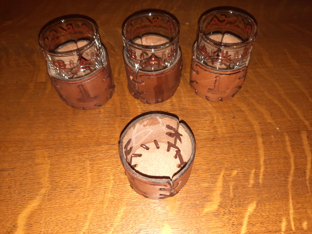 Set of 3 Libbey Bamco Western 2-5/8″ Shot Glasses & 4 Leather Sleeves
