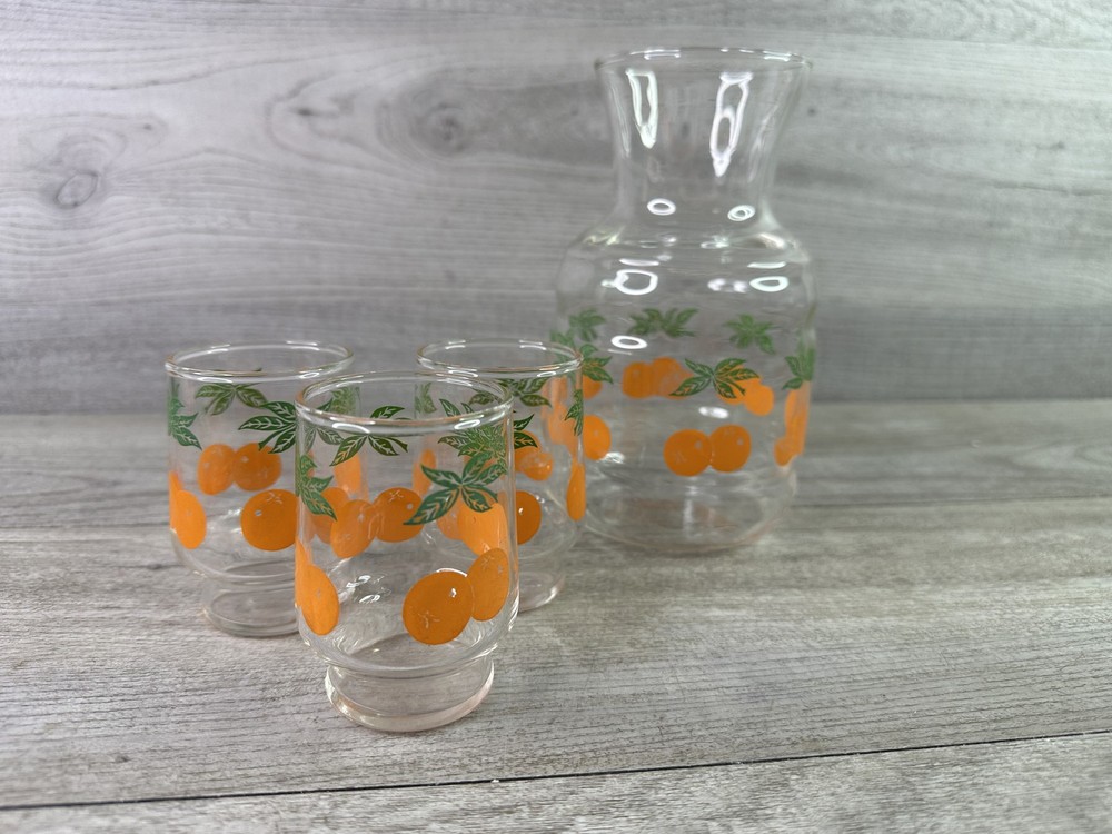 Vintage Orange Citrus Juice Carafe Pitcher & 3 Tumbler Glasses Set Retro Barware