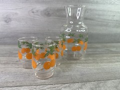 Vintage Orange Citrus Juice Carafe Pitcher & 3 Tumbler Glasses Set Retro Barware