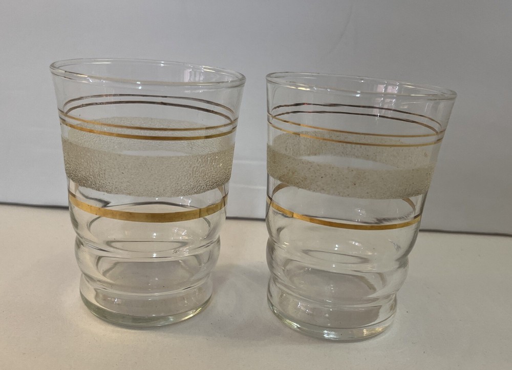 2 MCM Gold And Frosted Band Striped Small Drinking Glasses