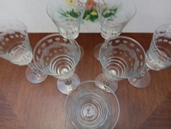 Set of 7 Libbey Rock Sharpe #3005-10 Flower & Lines Cut Water Goblets 7 oz.