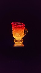 Vintage Kanawha Glass Amberina Rose Creamer Pitcher Embossed Floral UV Glow