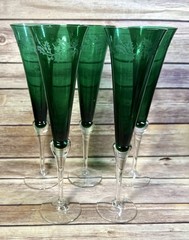 Set of 5 Lenox Holiday Gems Emerald Champagne Toasting Flutes Etched Holly