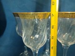 Murano 7″ Wine Glasses Swirl Coupe Gold Greek Key Pattern on Rim Set Of 4