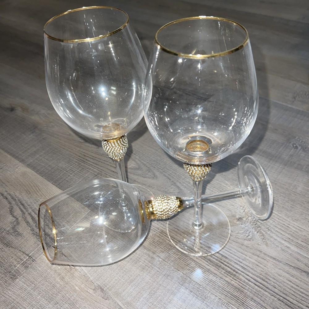 Set of 3 Elegant Wine Glasses With Rhinestone Stem and Gold Rim 10” Tall