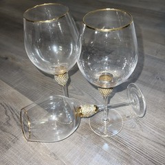 Set of 3 Elegant Wine Glasses With Rhinestone Stem and Gold Rim 10” Tall