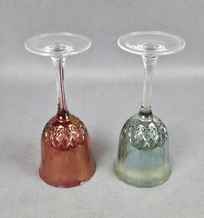 2 Wine Goblets Cranberry & Green Iridescent Glass Diamond Criss Cross Pattern