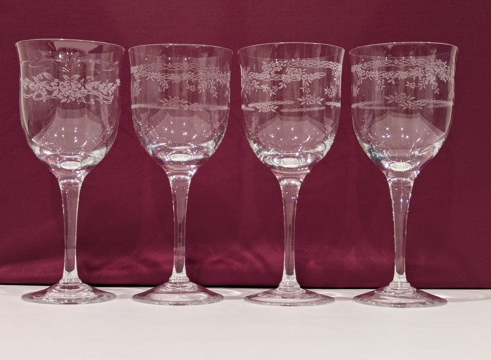 Lot/4 Vintage 1980s Noritake Fine Etched Floral Gallery/Patience Wine Glass 7″T
