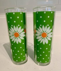 1960s Pasinski Signed Daisy Glasses Set Retro Flower Power Green Barware Rare