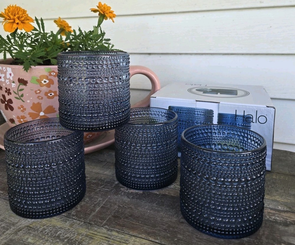 NEW Set 4 Home Essentials HALO Hobnail Textured COBALT BLUE 13½oz Rocks Glasses