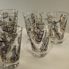 Six Libby glasses musical instruments black/white gold rim MCM retro Barware