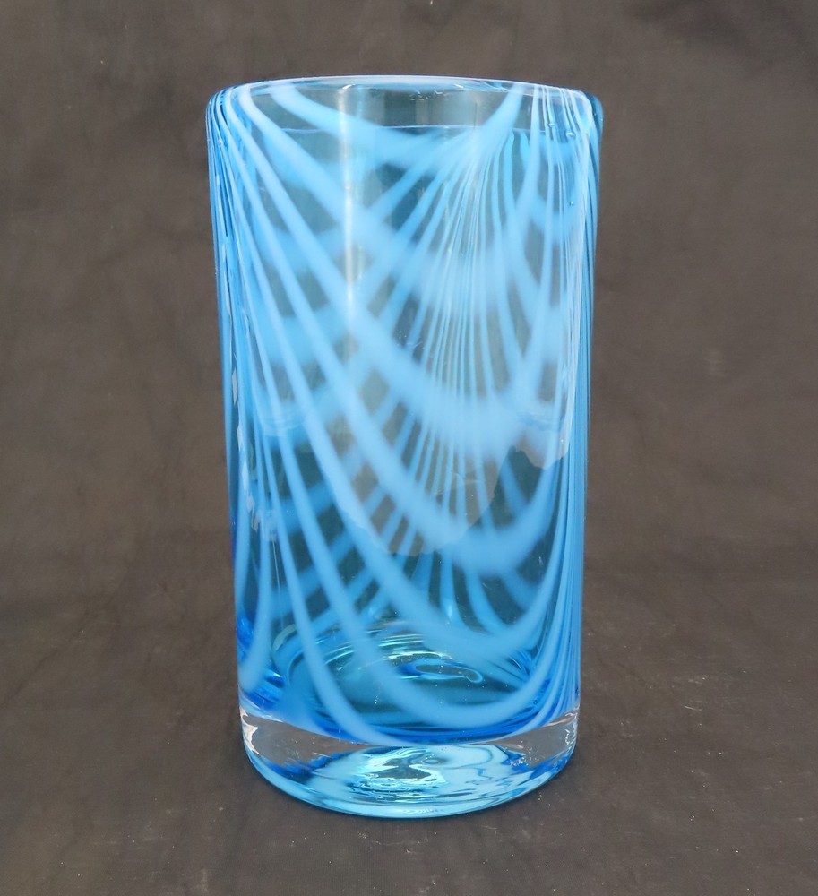Novica Hand Blown Glass Tumbler Blue White Whirling Aquamarine 15 fl oz Mexico