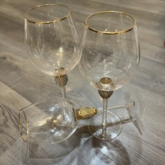 Set of 3 Elegant Wine Glasses With Rhinestone Stem and Gold Rim 10” Tall