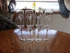 Etched Champagne Flute Grapes 6 Oz Smooth Stem Crystal Blown Glass – Set of 4