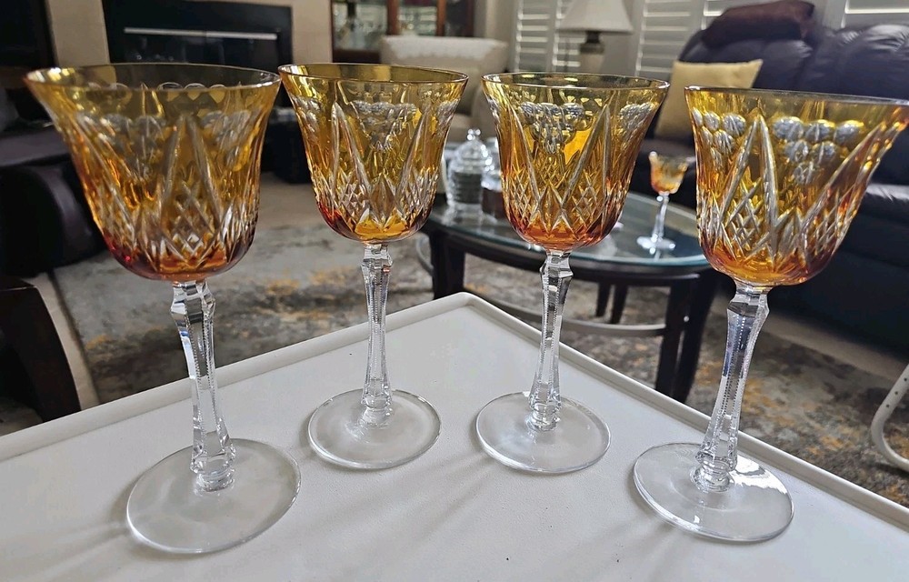 (4) Ajka Marsala Amber Wine Goblets 8 3/16″ High, Rim 3.5″ Diameter EXCELLENT