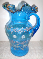 ART GLASS PITCHER & TUMBLERS VINTAGE LEMONADE SET-HANDPAINTED-RUFFLED RIM-TEAL
