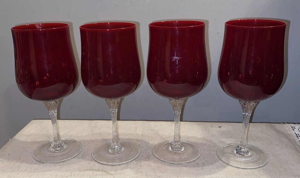 Vtg Hand Blown Colony Saturn Red Claret Twisted Stem Wine Glasses 7” Set of 4