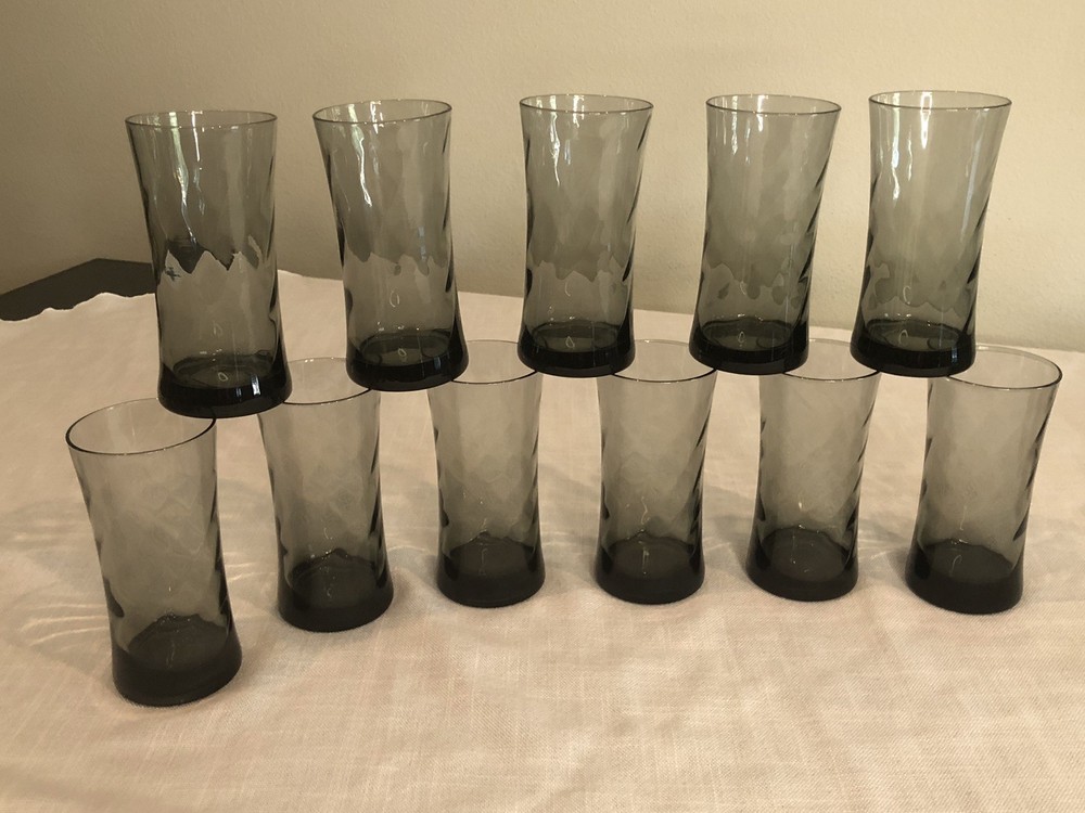 Set of 11 Vintage Libbey Smoked Optic Swirl Glass Tumblers 5 1/2 inches tall
