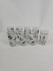 Vintage MCM Libbey Set of 7 Frosted Silver Leaf Juice Glasses & 1 Frosted Wheat