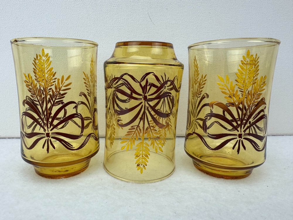 3 Vintage Libbey Juice Glasses Wheat & Ribbon Design Tumblers 3.75″ Tall 6 oz