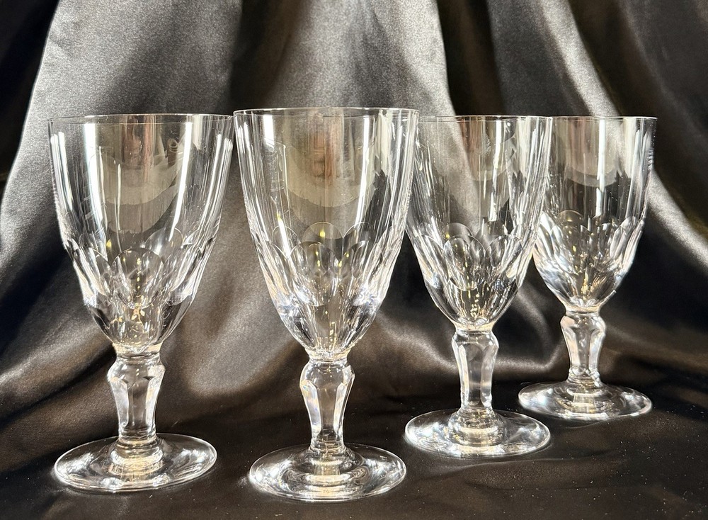 Set Of 4~Vintage Clear Glass 6” Goblets~Thumbprint~Multi Side Bulbous Stem