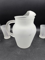 Frosted Glass Hand Painted Juice Pitcher And Glasses Purple Flowers Vintage
