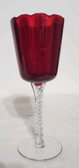 Vintage Ruby Red Glass Goblet 8″ Twisted Clear Stem Scalloped Rim Art Glass Wine