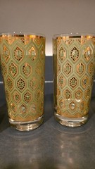 4 CULVER Green Gold geometric hiball glasses ALL SIGNED Beautiful condition!